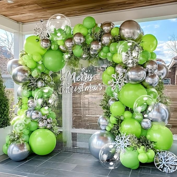 Green Silver Balloon Arch Double Stuffed Lime Green Metallic Sliver Balloon Garland Clear Bobo Balloons for Christmas Birthday Baby Shower Safari Jungle Graduation Party Decorations