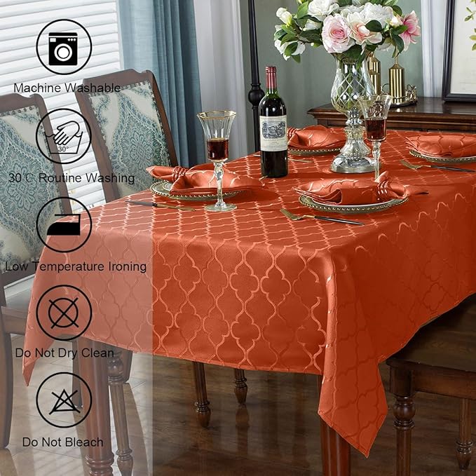 SASTYBALE Rust Jacquard Damask Tablecloth - 52x70 Inch Rectangle (Fits 4-6 Seats) - Fall Thanksgiving Decor - Water Resistant, Wrinkle-Free Polyester Fabric, Rustic Harvest Dining Cover for Parties
