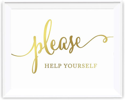 Andaz Press Wedding Party Signs, Metallic Gold Ink Print, 8.5x11-inch, Please Help Yourself Reception Dessert Table Sign, 1-Pack, Unframed