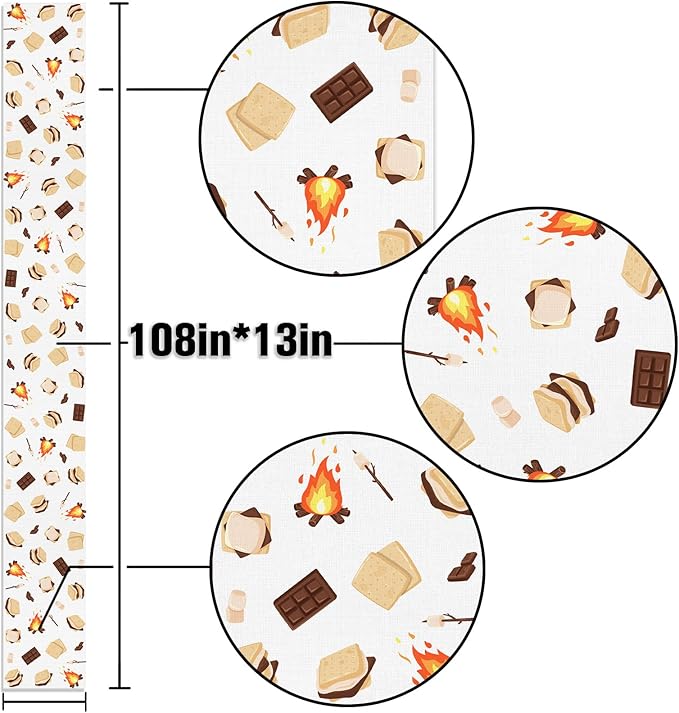 S'Mores Table Runner Bonfire Camping Party Decoration Dessert Birthday Dining Room Home Kitchen Table Decor (13" x 108")