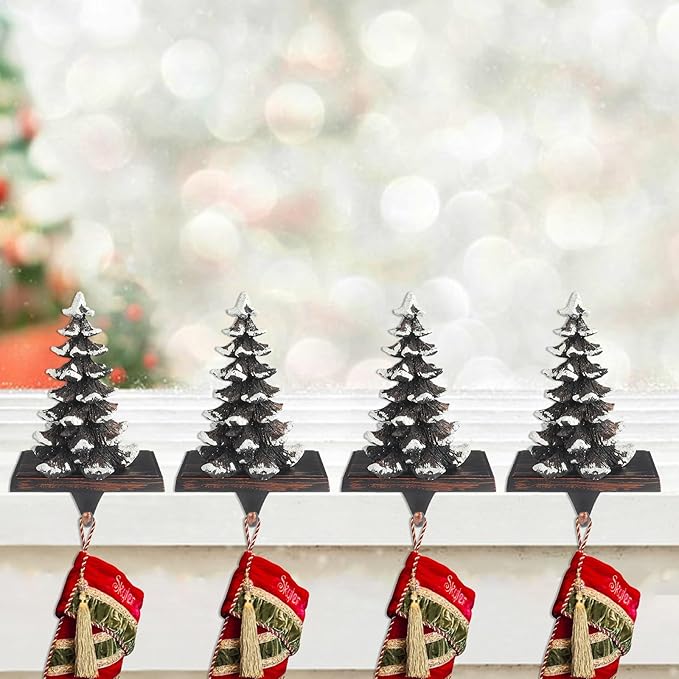 JUSTOTRY Christmas Stocking Holders for Mantle Set of 4 Snow Brown Vintage Xmas Tree with Non-Skid Stockings Holders for Fireplace Home Decor Holiday Gifts Christmas Decorations Indoor Supplies