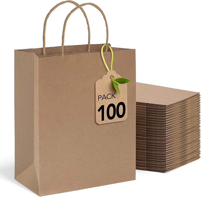 MESHA Gift Bags 10X5X13 Inch 100Pcs, Large Brown Paper Bags with Handles Bulk,Reusable Kraft Shopping Bag for Business Merchandise Retail Birthday Kids Party Favors
