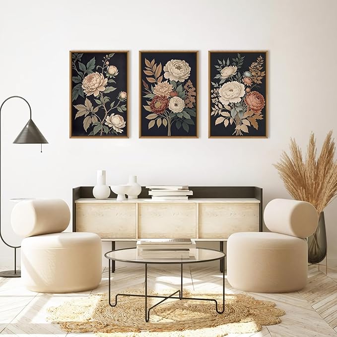 HOURIA Large Moody Dark Flower Framed Canvas Wall Art,Retro Beige Red Peony Wall Decor,Vintage Textured Blossom Botanical Artwork,Natural Wildflower Art Print for Living Room,Bedroom,Office-16 x24 x3