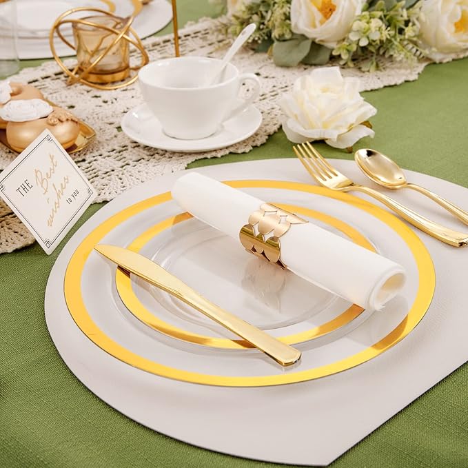 YOUBET 210PCS Clear Gold Plastic Dinnerware - Gold Plastic Plates and Golden Dinnerware Includes 30 Dinner Plate, 30 Dessert Plate, 30 Gold Cups, 30 Napkins for Party & Wedding Thanksgiving