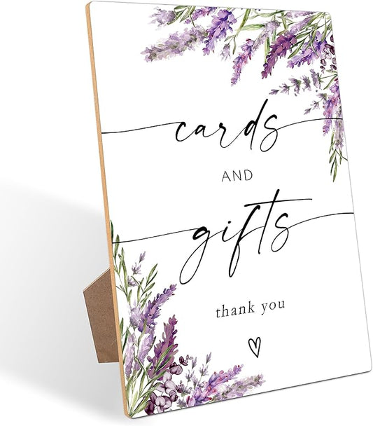 Cards and Gifts Table Sign, Lavender Bridal Shower Decorations, Wedding Reception Table Decorations, Purple Floral Wooden Sign with Stand for Wedding Reception And Bridal Party Decor, 35