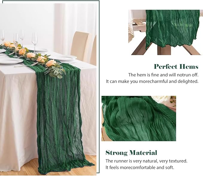 2 Pack 10 Ft Cheesecloth Table Runner Emerald Green Gauze Long Table Runners Boho Gauze Cheese Cloth Table Runner Rustic Sheer Runner for Wedding Party Table Decor ( 35 x 120 Inch )