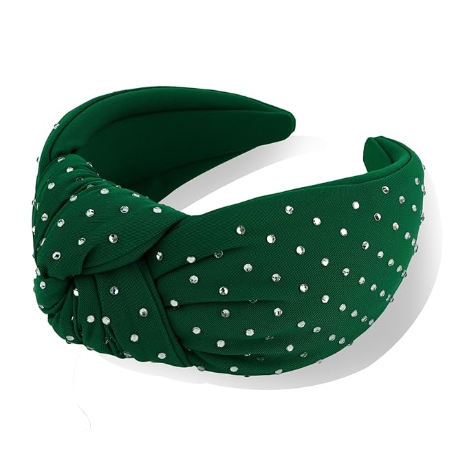 YISSION Green Rhinestone Knotted Headband for Women, Sparkly Crystal Embellished Hair Hoop, Elegant Wide Top Knot Hair Accessory for Party, Wedding, Daily Styling
