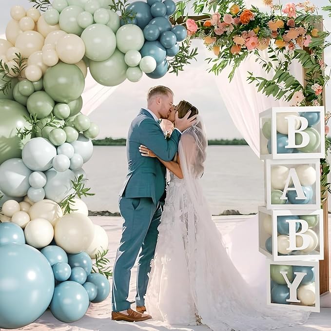 Dusty Blue Sage Green Balloon Baby Shower Decorations, 132Pcs Fog Blue Light Blue Green Sand White Balloon Arch Garland Kit Baby Box with Letters for Boho Baby Shower Gender Reveal Party Decorations