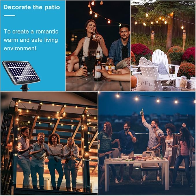 Lightdot 48FT Solar Outdoor String Lights, Waterproof Cafe Patio Lights with Shatterproof LED Bulbs, 2700K Warm White, Create Bistro Ambience On Your Garden Gazebo Backyard Decorative