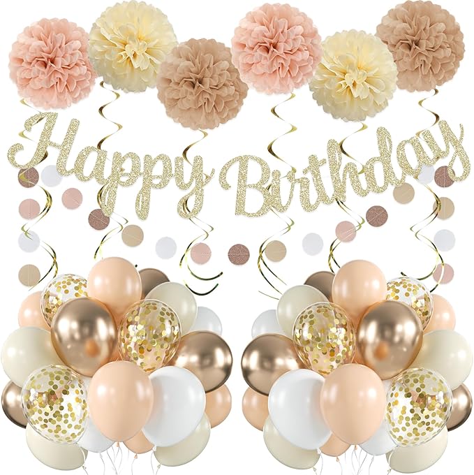 Champagne-Gold Beige Fall Birthday Party Decorations for Women Girls, Autumn Nude Neutral Boho Balloons Decor, Happy Banner, Hanging Swirls Tissue Pom Poms Retro Backdrop Supplies