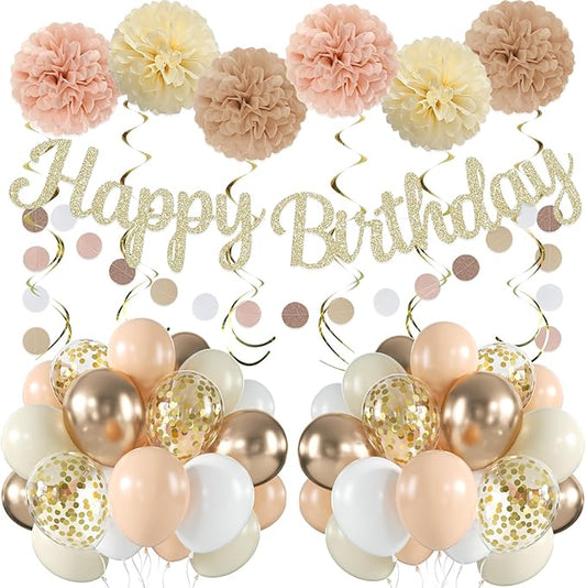 Champagne-Gold Beige Fall Birthday Party Decorations for Women Girls, Autumn Nude Neutral Boho Balloons Decor, Happy Banner, Hanging Swirls Tissue Pom Poms Retro Backdrop Supplies