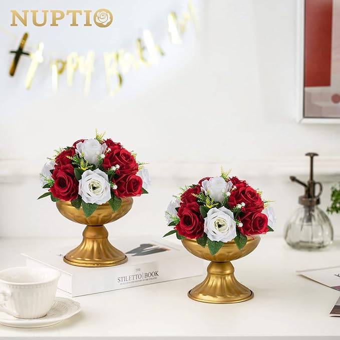 NUPTIO Artificial Flower Centrepieces for Tables - 10 Pcs Crimson & White Fake Flowers Roses Balls 9.5in Diameter - Silk Faux Rose Arrangement for Wedding Party Centerpiece Table Decorations