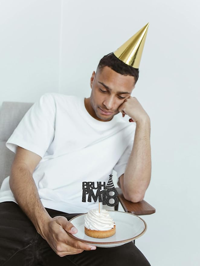 Bruh I’m 18 Cake Topper - Glitter Black 18th Birthday Cake Decorations, 18 Years Old Birthday Cake Smash Decor (18)