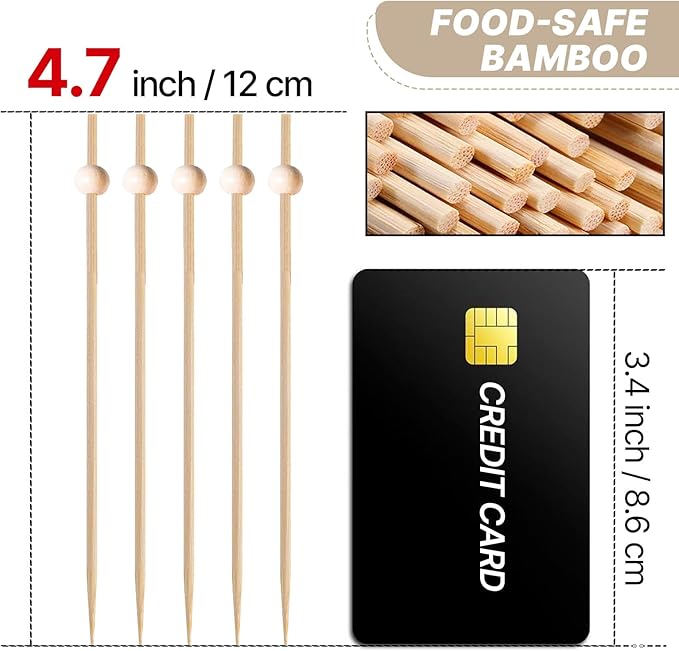 PuTwo Cocktail Picks 4.7 Inch 100pcs Bamboo Fancy Skewers Toothpicks for Appetizers Wooden Ball Toothpicks for Food Drink Fruit Sandwich BBQ Charcuterie Boards Accessories Birthday Party Supplies
