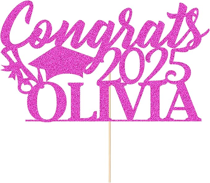 Personalized Cake Topper Custom Congrats Graduation Hat Student Class of 2025 Double Sided Glitter Card with Any Name (Pink)