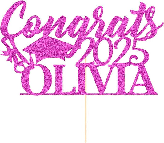 Personalized Cake Topper Custom Congrats Graduation Hat Student Class of 2025 Double Sided Glitter Card with Any Name (Pink)