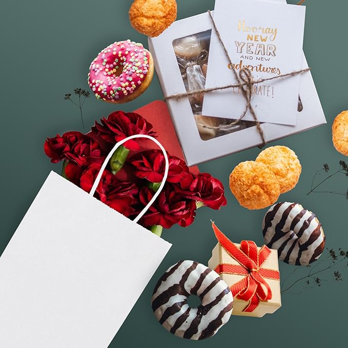 METRONIC Gift Bags 5.25x3.75x8 100Pcs, White Paper Bags with Handles, Kraft Paper Bag for Small Business, Paper Bag for Birthday Party Favors, Shopping