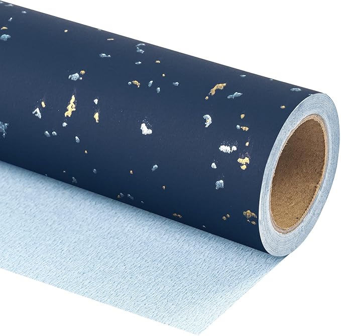 WRAPAHOLIC Navy Blue Wrapping Paper Roll - Mini Roll - 17 Inch x 16.5 Feet - Navy Blue Gold Design with Silky Touch Perfect for Birthday, Wedding, Baby Shower, Holiday
