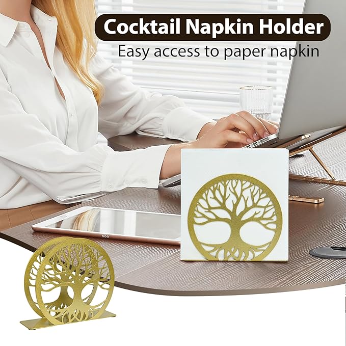 Gold Napkin Holder for Table – Elegant Standing Napkin Dispenser for Kitchen, Dining Room, or Coffee Shop | Ideal for 6-inch Cocktail Napkins, Farmhouse & Outdoor Settings (6"x 1.7"x 4.9")