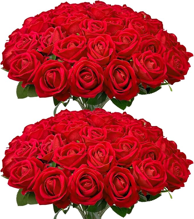 Bulk Artificial Flowers 50 PCS, Fake Velvet Silk Red Roses with Long Stems Realistic Bouquet for Wedding Centerpieces, Faux Arrangement for Home Table Decor