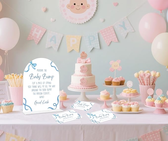 Baby Shower Games - Blue Bow Measure The Baby Bump Game, 1 Arch Acrylic Sign and 50 Guessing Cards, Gender Reveal Game, Blue Baby Shower Decoration Supplies (DP02)