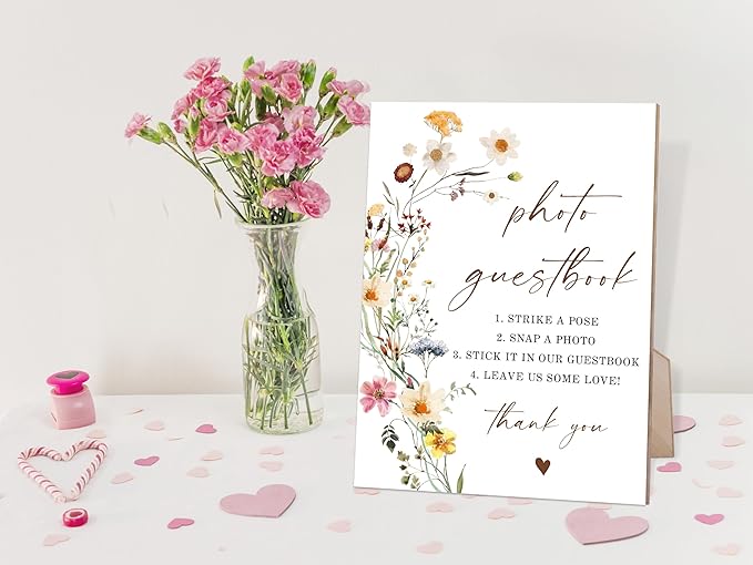 Flower Photo Guest Book Sign, Wedding Guest Book Alternative, Wedding Decorations for Reception, Bridal Shower Decor, Table Centerpieces for Party, 6X8 Inch Wooden Bridal Shower Signs with Stand, 13