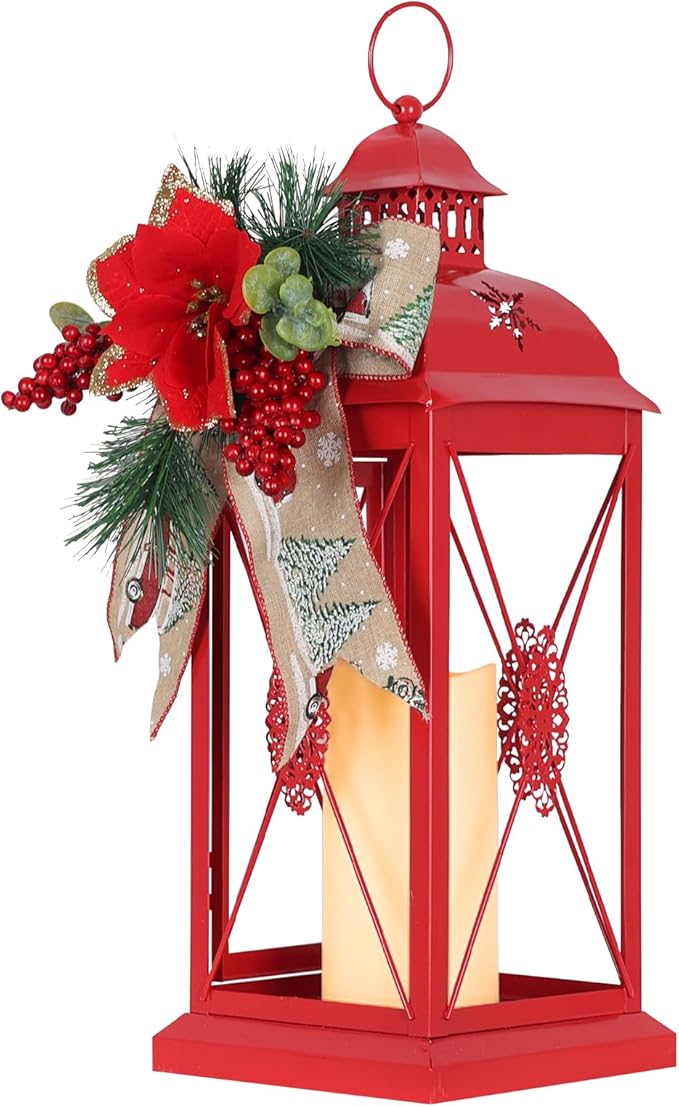 DECORKEY Christmas Decorations, 18” Metal Christmas Lantern with LED Candle and Floral Accents for Home Decor, Decorative Hanging Candle Holder Indoor Outdoor for Table Centerpieces, Porch, Patio