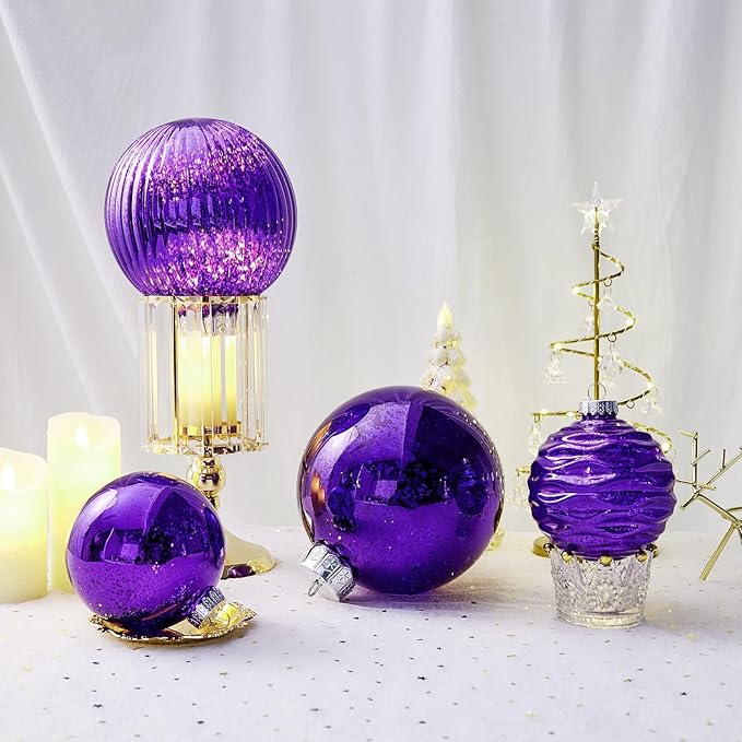 Large Christmas Ball Ornaments, Oversized Shatterproof Plastic Decorative Hanging Mercury Ornaments Ball for Xmas Holiday Party Decorations (Purple, 4.0")