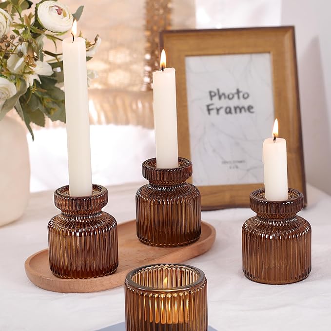 DARJEN 12 Pcs Glass Candlestick Holders- Amber Taper Candlestick Holders Tealight Votive Candle Holders for Table Centerpieces, Wedding, Dinner Party, Home Decor