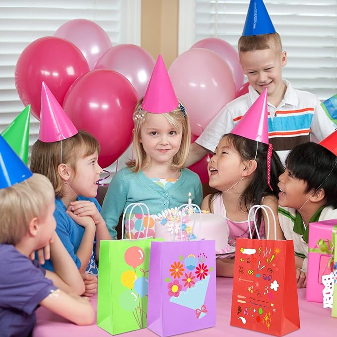 XPCARE 200Pcs Paper Gift Bags, 6.3"x3.15"x8.66" Kraft Paper Party Favor Bags Bulk Rainbow Goodie Bags Small Gift Bags with Handles for Kids Birthday Baby Shower Crafts Wedding Supplies (6 Colors)