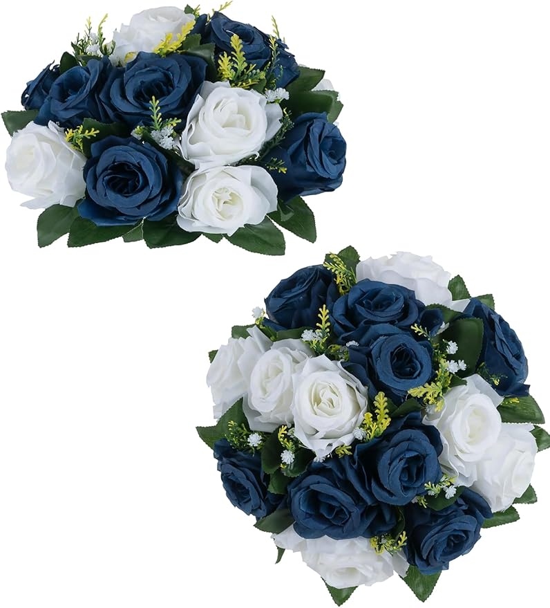 BLOSMON Navy Blue Rose Flowers: 2 Pcs Fake Floral Balls Centerpiece for Wedding Table Centerpieces - Artificial Silk Kissing Bouquet Flower Arrangement for Home Party Event Decor