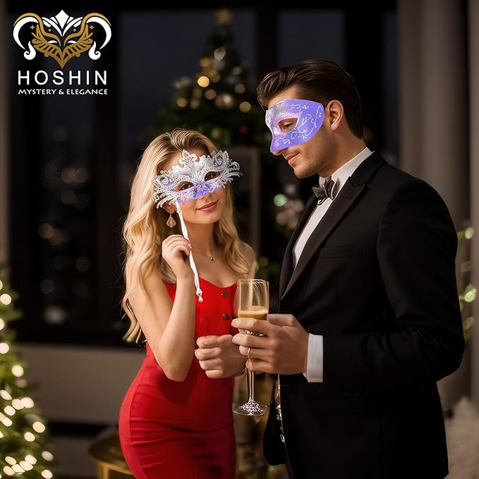 Hoshin Masquerade Mask for Couple, Mardi Gras Deecorations Venetian Masks with Stick for Womens