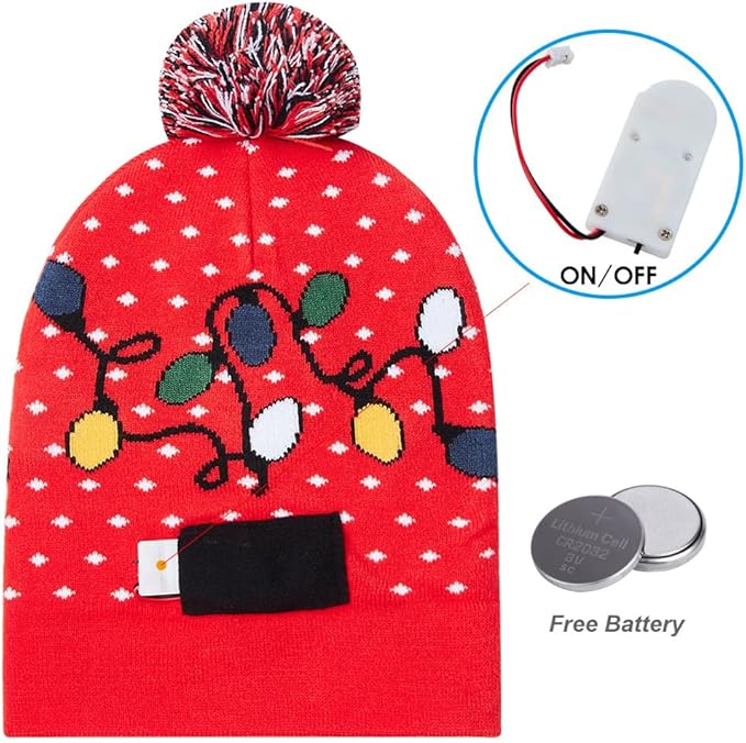 RAISEVERN Unisex Ugly LED Christmas Hat Novelty Colorful Light-up Stylish Knitted Sweater Xmas Party Beanie Cap(6 Lights)