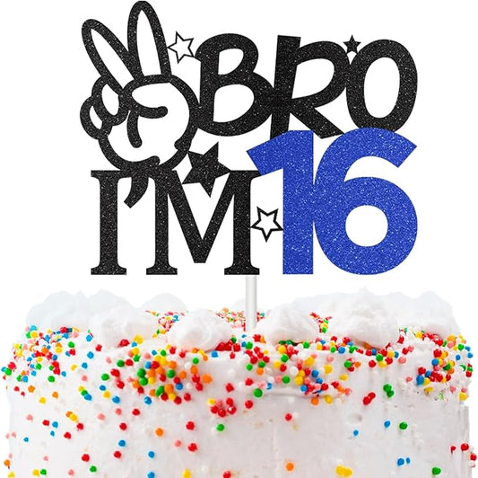 Bro I'm 16 Cake Topper, 16th Birthday Decorations for Boy, Glitter Funny 16th Birthday Cake Topper, Big Brother 16 Year Old Birthday Party Decoration Supplies