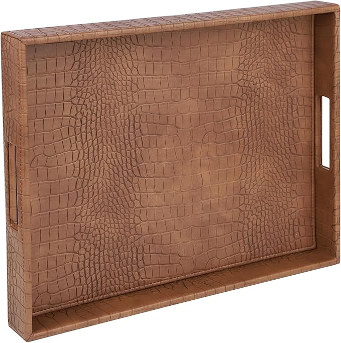 HofferRuffer Rectangle Serving Tray with Hole Handles for Coffee Table, Breakfast, Tea, Food, Butler - Countertop, Kitchen, Vanity Serve Tray, 16.2 x 12.2 x 2 inches, Faux Leather (Antique Brown)