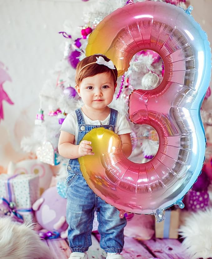 Smlpuame 40 Inch Number Balloons 0-9 Rainbow Gradient Large Number 3 Balloons, Digital Balloons for Birthday Party Celebration Decorations, Helium Foil Number Balloons for Wedding Anniversary
