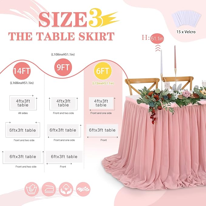 Chiffon Table Skirt Dusty Rose 9ft Sheer Tablecloth for Wedding Sweetheart Table Party Table Decoration Rectangle Tables or Round Tables