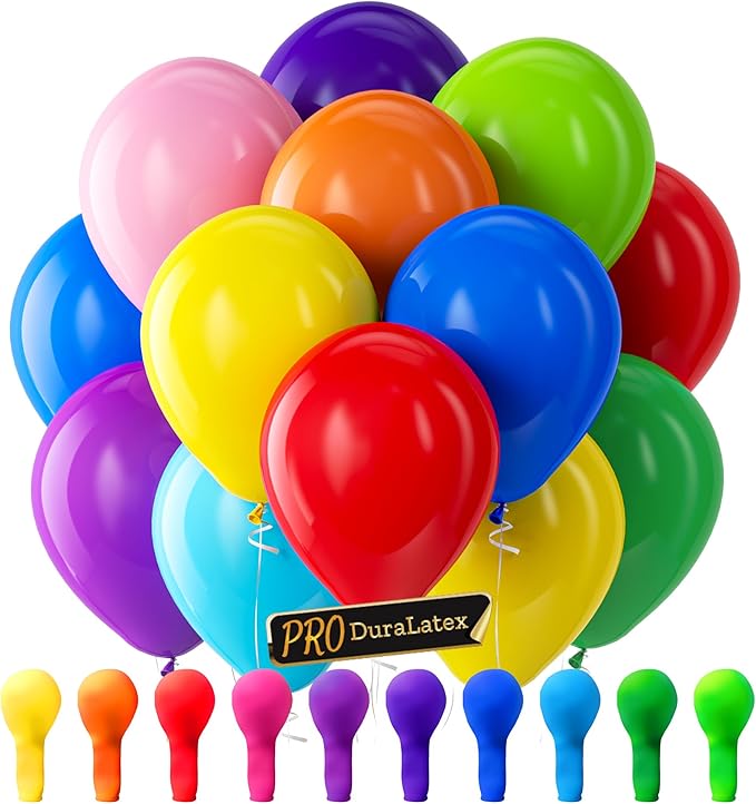 Bezente Pro Duralatex Assorted Rainbow Balloons - 3.2g Premium 100 Pack 12 inch Rainbow Balloons for Long-Lasting Professional Party Decorations, Large Birthday Baby Shower Wedding