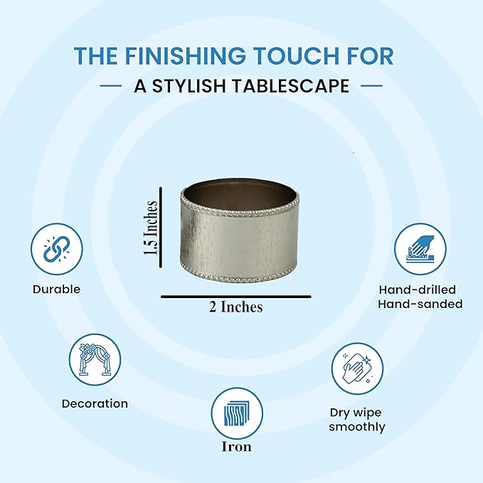 12 Pack Decorative Napkin Ring - Heavy Duty Metal Round Napkin Holders, Silver Electroplated Finish with Beaded Edge, Vintage Rustic Metal Napkin Rings for Dining, Weddings,Holidays - CLEENTABLE