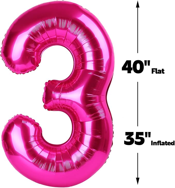 40 Inch Hot Pink 3 Large Number Balloon, 3 13 23 30 33 36 38 Hot Pink Birthday Party Decorations, Number Three Foil Balloons for Anniversary Party Graduations Celebration Supplies