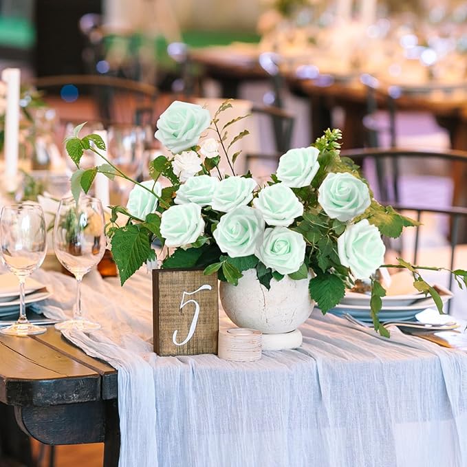 100Pcs Light Green Artificial Flowers Realistic Roses, Real Looking Fake Roses with Stem for DIY Wedding Bouquets Centerpieces Bridal Shower Party Home Romantic Decorations (Light Green, 100pcs)