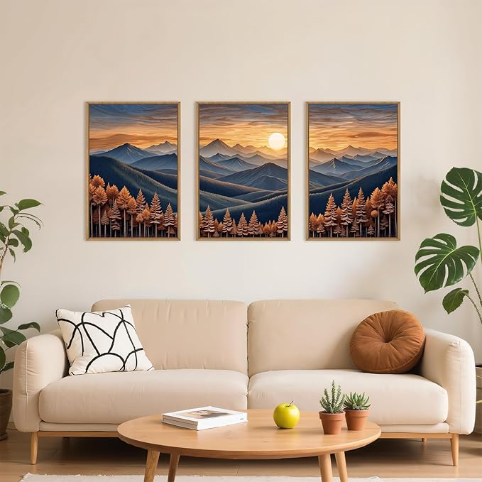 HOURIA Large Woodland Mountain Sunset Framed Canvas Wall Art Set,Wilderness Wooden Forest Landscape Wall Decor,Nature Botanical Artwork,Boho Pine Tree Art Print for Living Room,Bedroom-24 x36 x3