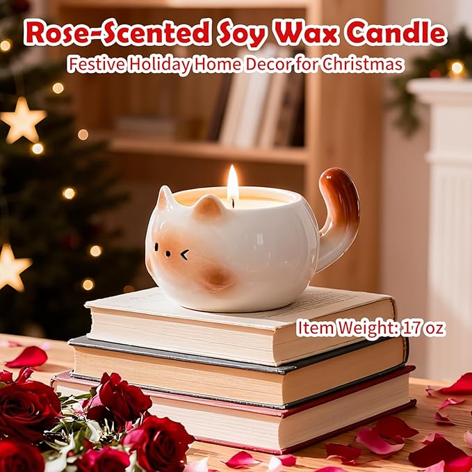 Scented Candle, 17oz Rose Scented Jar Candle, Cat Shaped Aromatherapy Candle for Home Decor, Room Freshener, Home Fragrance, Holiday Gifts for Women, Friends, Christmas