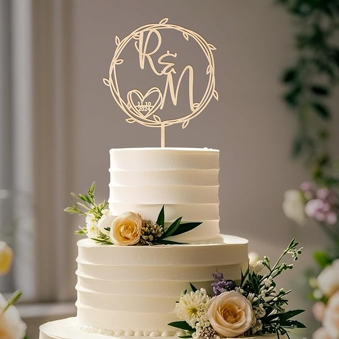 Wedding Cake Topper Personalized Bride and Groom's Initials and date Custom Cake Decoration Leaf Wreath in Wood