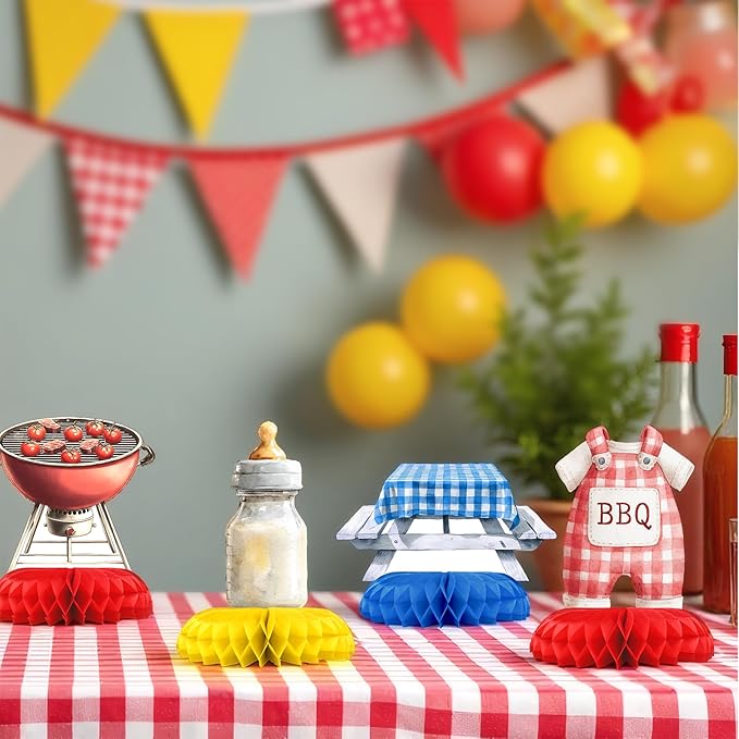 BabyQ Baby Shower Centerpieces – 12 PCS BBQ Honeycomb Table Decorations, Backyard Picnic Summer Baby Shower Décor