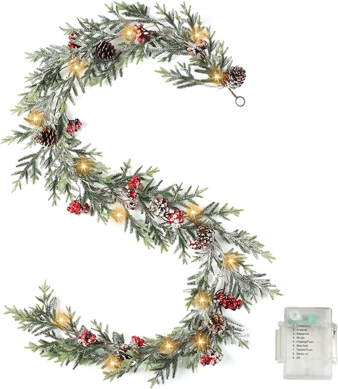 6 FT Christmas Garland with Lights - Pre-Lit Artificial Christmas Garland, Flocked Garland with Red Berries Pine Cones for Decoration, Mantle Stairs Railing Home Xmas Decoration Indoor