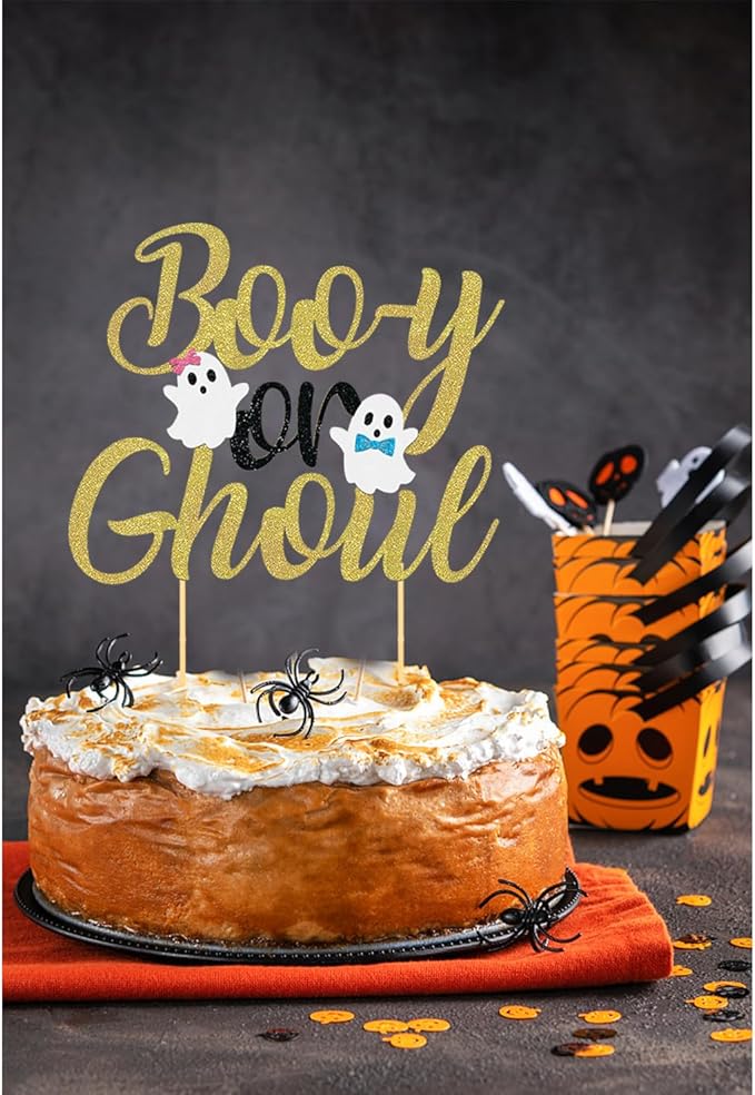 Halloween Boy or Girl Cake Topper - Gender Reveal for Baby Shower - Black-Gold