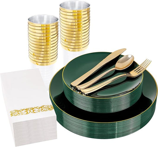 YOUBET 175PCS Green Plastic Plates - Green and Gold Disposable Plates Include 50 Plate, 75 Silverware, 25 Cups, 25 Napkins for Wedding & Party & Christmas