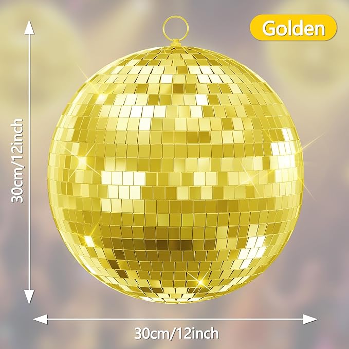 12 inch Gold Disco Ball, Hanging Mirror Disco Ball, Wedding Decoration Disco Light Ball, Stage Lighting Effect, 12/16/20 inch Home、Stage and Bar Glittering Decoration(12inch-Golden)