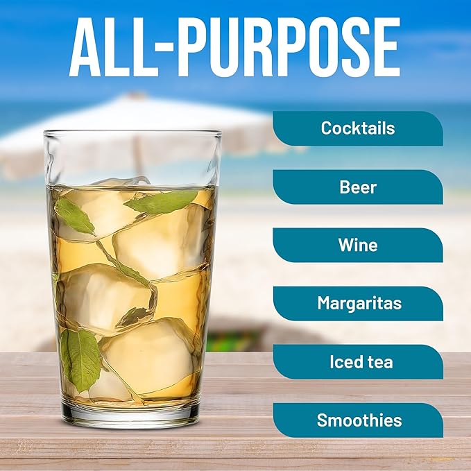 Tumbler Glasses Set of 10, Highball Set 17 Oz Glass, Dishwasher Safe Tall Drinking Glasses Set for Wine, Beer, and Cocktail, Aura Drinkware Set